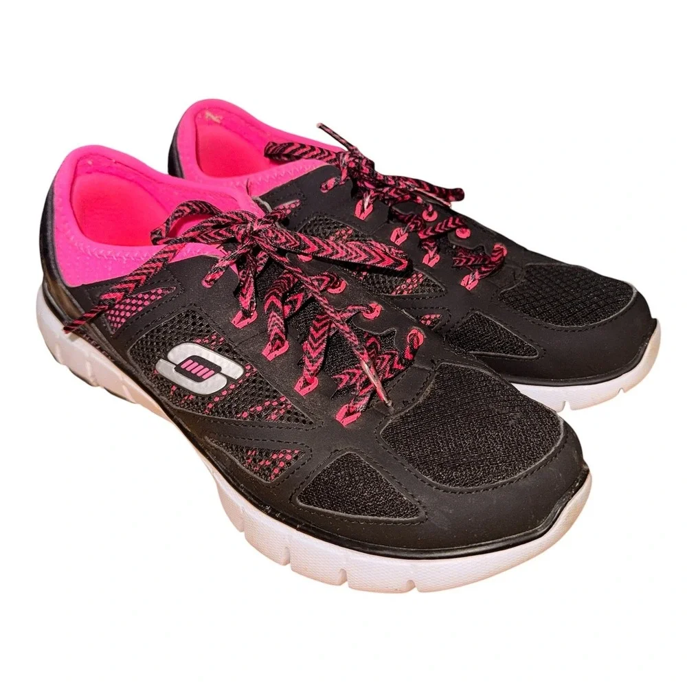 Skechers Skech-Flex Womens 8 Pre-Owned Sneakers Black Pink Mesh Lace Up 12128